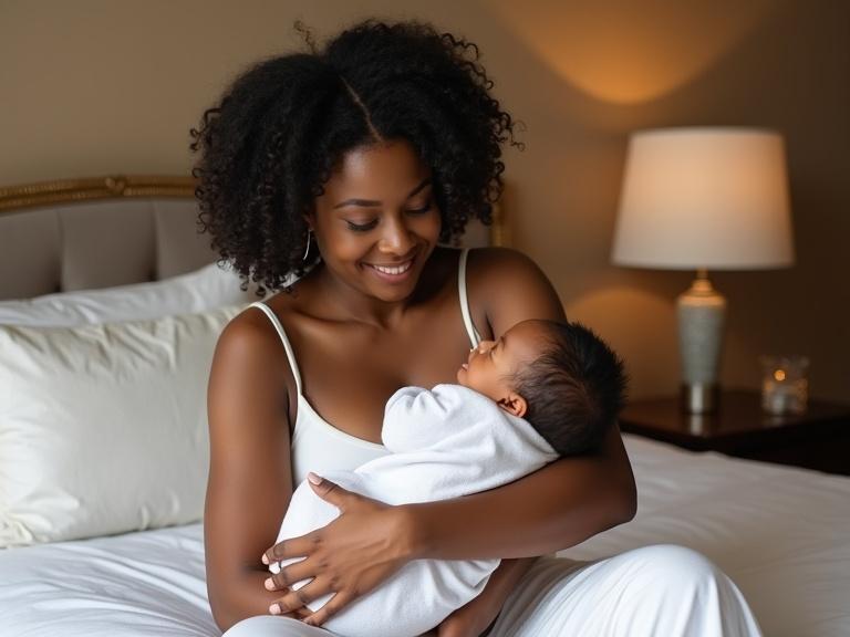A woman carrying her newborn baby on bed in a luxury home. Background shows a bright and elegant room with warm lighting. The mother smiles at her baby, conveying love and tenderness.
