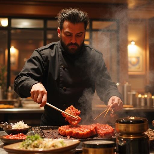 A chef expertly grilling Korean BBQ in a restaurant ambiance. The scene includes a focused chef, grilling meat, and a rich, tempting atmosphere with side dishes.