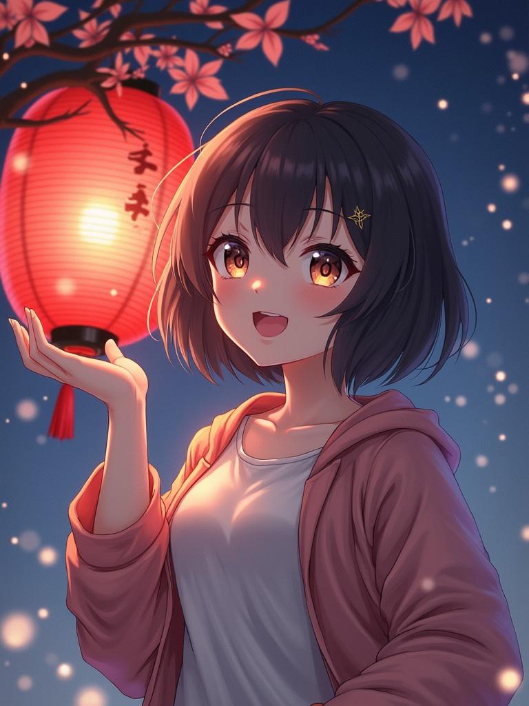 Anime style character stands beside a red lantern. Character shows a soft expression. The background features twinkling lights and cherry blossom branches. Warm colors of red and pink are dominant.