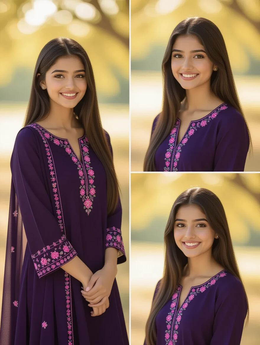 A young Bangladeshi girl stands wearing a dark violet indigo salwar kameez with pink embroidery. She has long straight black hair and a soft smile. Natural sunlight shines down, creating warmth. The background has blurred trees adding to the serene atmosphere.