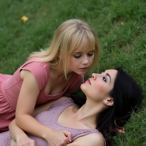 Dark-haired woman lying on the grass looking up. Blonde woman in pink dress leaning over her. Both women in a grassy outdoor setting.