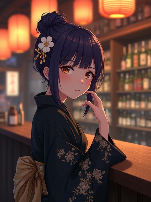 A semi-anime-style woman with dark violet hair styled up adorned with white and gold flowers light brown eyes wearing a black kimono with gold floral designs leaning on a bar in a traditional Japanese izakaya with rows of bottles glowing paper lanterns in the background warm dim atmosphere serene melancholic expression digital painting style smooth shading