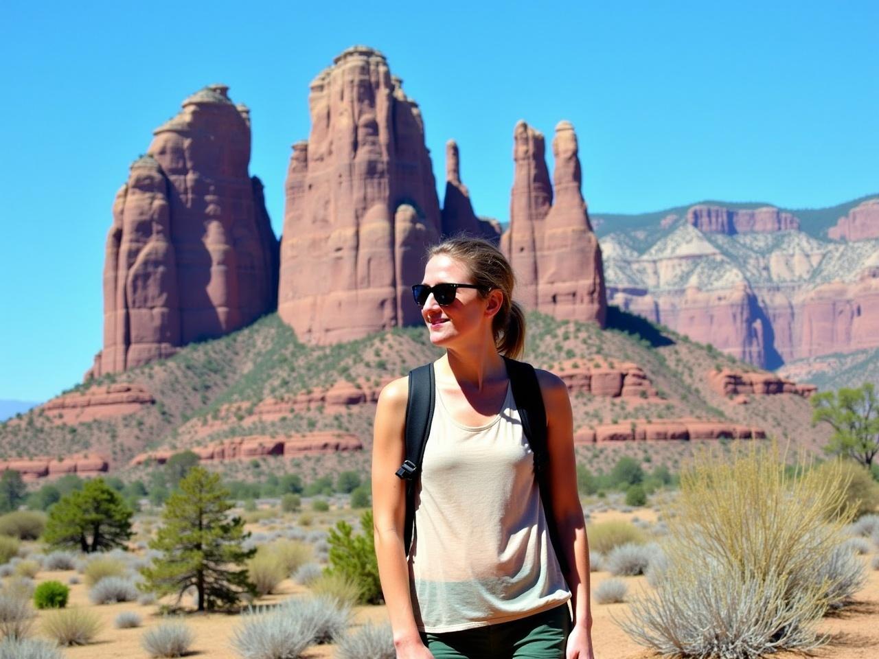 A person is standing in front of a striking rocky backdrop, featuring tall formations that rise majestically against a bright blue sky. They are wearing a sheer beige tank top that reveals some details underneath, paired with a pair of green shorts. The person has a backpack slung across one shoulder and is accessorized with sunglasses, adding to their casual outdoor look. In the background, there are dry trees and plants, complementing the rocky scenery. The overall atmosphere suggests a sunny day in nature, perfect for exploration and adventure.