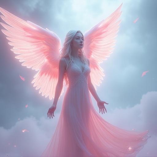 Angel depicted in Aetheric Frequency style. Wings colored in pink and white. Background with light blue hues. Ethereal and dreamlike atmosphere with a focus on beauty.