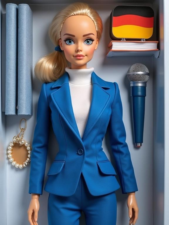 Doll representing a businesswoman in a blue suit. Doll has a white turtleneck. Doll is in a blister package. Accessories include a pearl necklace, microphone, and a mini German flag.