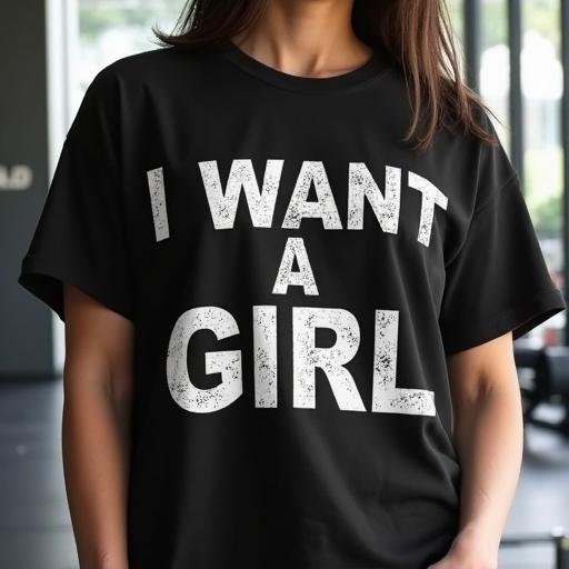 Oversized t-shirt with the phrase 'I want a girl'. Black color with bold white lettering. Suitable for gym wear. Inspirational design with 'never give up'.