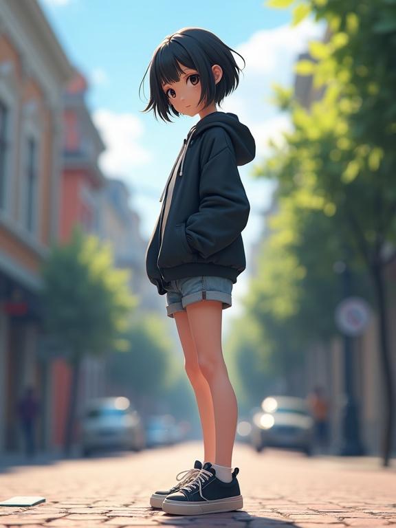 Anime character standing outside with casual clothes and sneakers. Short black hair. Highly detailed full body shot with cinematic lighting. Streetscape background is vibrant and lively. Character poses dynamicaly.