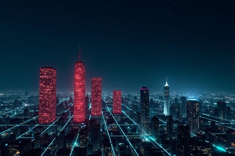 A dark blue background filled with stars. A futuristic city with modern skyscrapers. Red cracked skyscrapers show decentralization. Green and blue lines represent digital networks throughout the city.