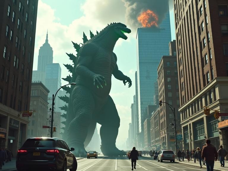 Cinematic low street view of a grey 350 ft tall Godzilla in the city blasting glowing breath at buildings. Realistic explosion on skyscraper. People running, traffic in the street, ash debris falling. Light poles and shops visible. Thick smoke and dust in the air under a sunny blue sky.