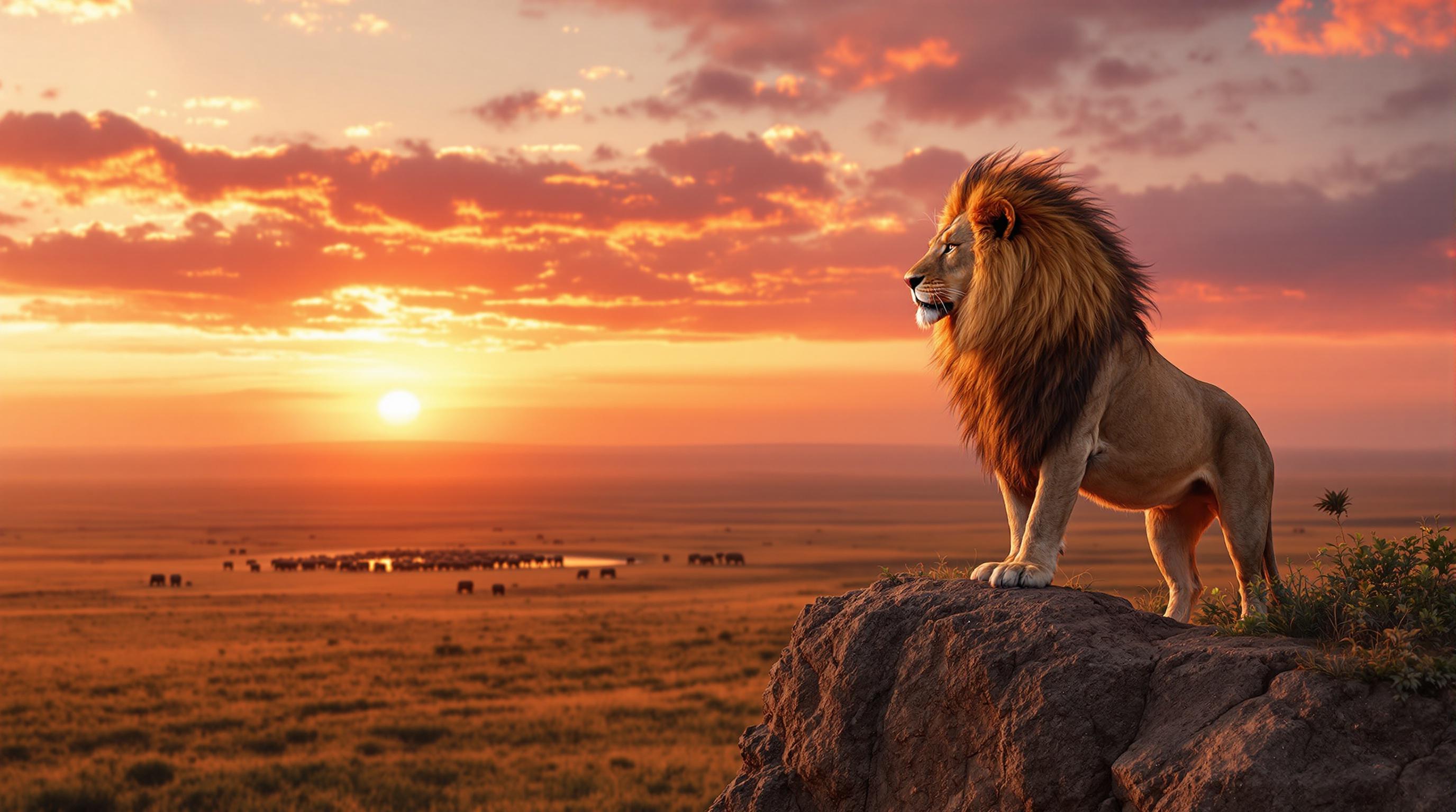 A majestic lion stands on a cliff. The lion overlooks a savanna at sunset. The lighting is cinematic. The lion has ultra-detailed fur. The resolution is 8K. The lion's mane flows in the warm breeze. The lion's eyes are fixed on the horizon. The sky showcases oranges, pinks, and purples. A few clouds catch the last rays of sunlight. In the distance, a herd of elephants is making their way to a watering hole.