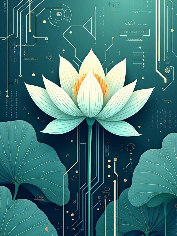 Stylized circuit board and blooming lotus flower merged in modern minimalist style. Abstract tech patterns and organic floral elements. Clean sans-serif font and gradient cool blue and green color palette. Inspired by digital styles of Syd Mead, Ash Thorp, Lois van Baarle.