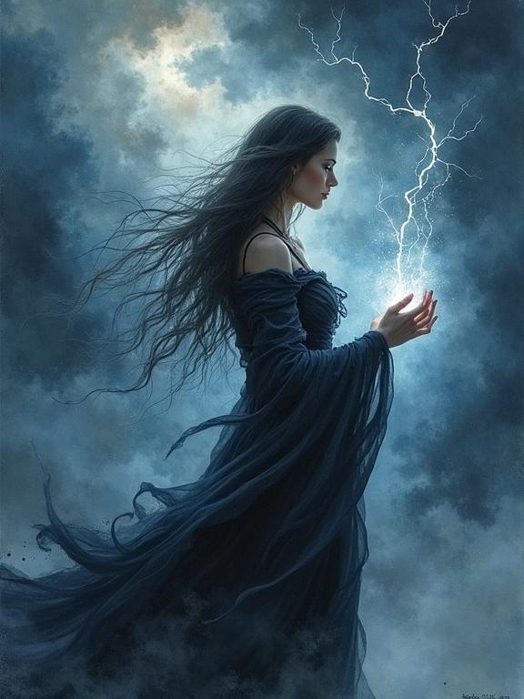 Otherworldly portrait of a woman in dark clothing. Powerful woman in a dramatic pose with lightning around her hands. Storm and dark clouds gather above. Dark fantasy setting with beautiful moody clouds.