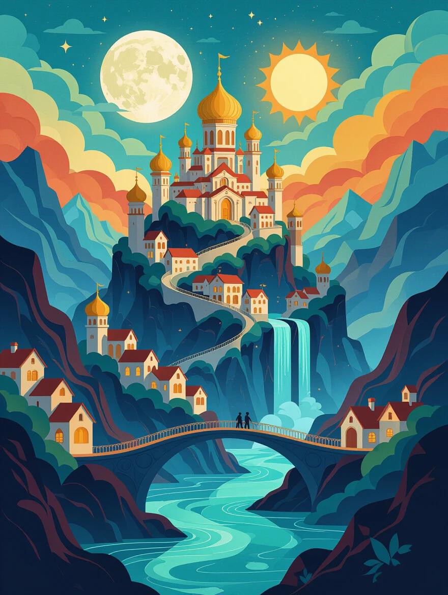 An illustration shows a magical city on mountainous tiers. The upper levels have ancient palaces with golden domes. The middle terraces feature charming cottages. A mystical waterfront has travelers on stone bridges. A large pearl moon and glowing sun are present. The scene has layered clouds in teal and coral. Ethereal waters are turquoise and sapphire blue. The style is a blend of paper-cut layering and digital gradients with cinematic depth.