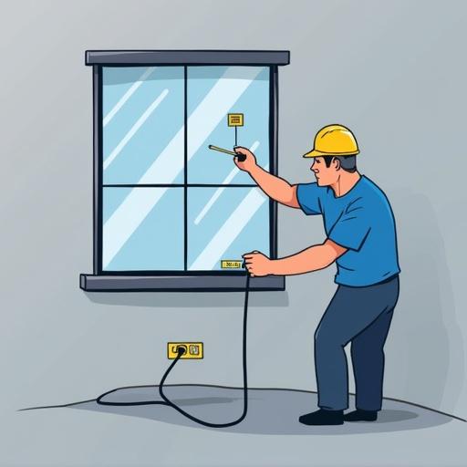 Man installs window measures wifi installation using tools. Brightly lit area with clear window. Background is a plain wall. Worker wears a yellow hard hat and blue shirt. Cables are connected to equipment on the floor.