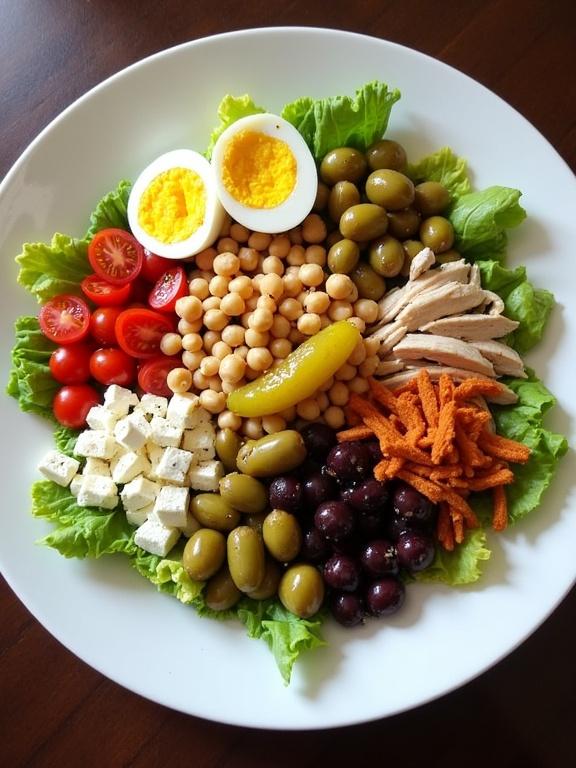 The colorful salad served in a white shallow round plate. The plate is circular and solid white. Ingredients include green lettuce leaves, chickpeas, hard-boiled egg halves, shredded chicken, cherry tomatoes, cubes of feta cheese, green olives, dark purple olives, and a pickled pepper with herbs on top.