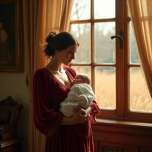 Realistic scene of a mother cradling a newborn baby in a vintage room by a large window. Mother wears a deep red velvet dress. Hair slightly disheveled. Expression serene with a trace of emotion. Baby is wrapped in a white cotton blanket. Warm sunlight streams through the window. Antique wooden furniture and heavy curtains are present. Outside, an autumn landscape with bare trees and golden grass. Natural light creates soft shadows and highlights. Style emulates film photography aesthetics. Color palette is warm and muted. Slight grain adds texture.