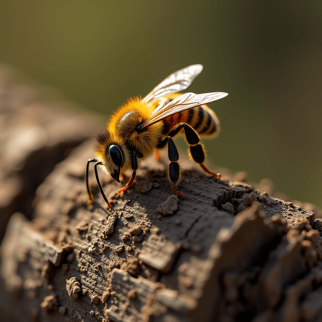 A close-up shot of a bee on rough, textured wood, highlighting its intricate details and vibrant colors.