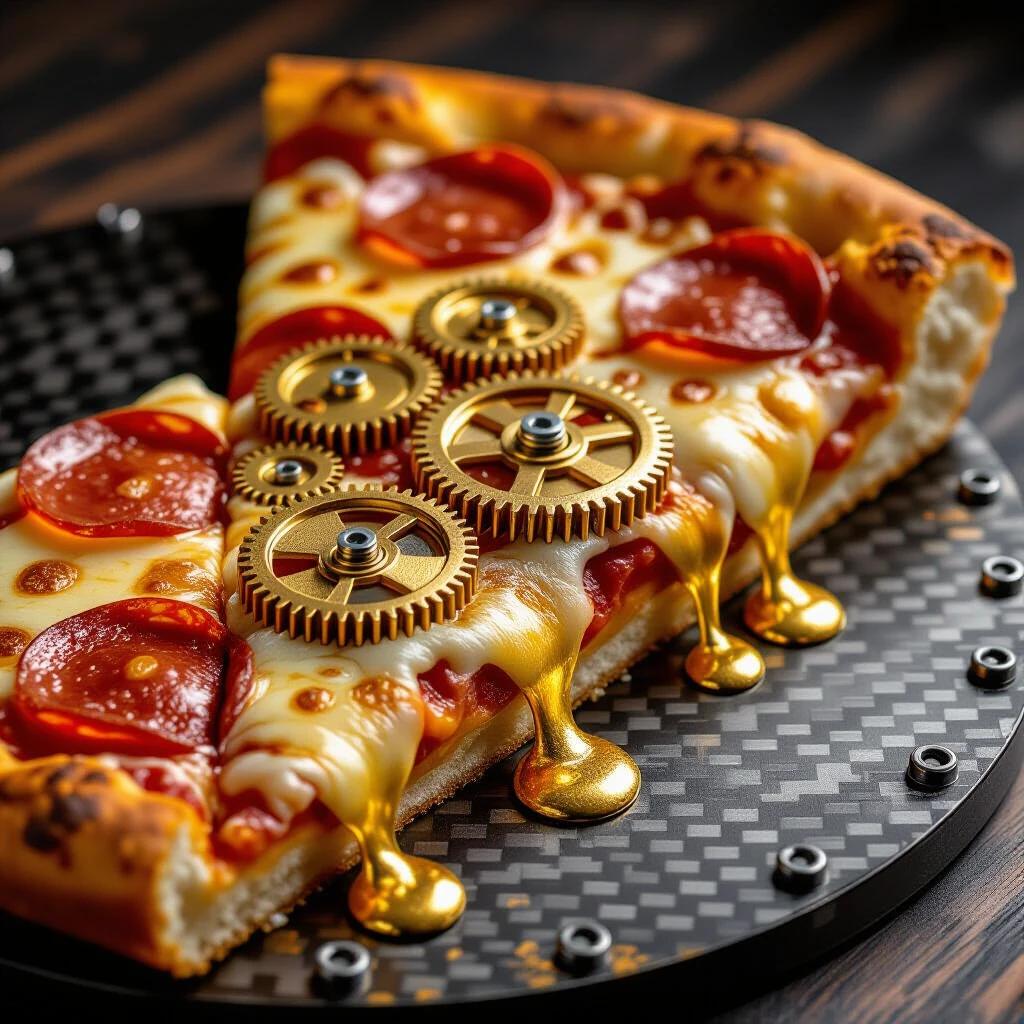 A slice of pizza with molten gold cheese dripping. Gears and cogs act as pepperoni. Crust is a blend of carbon fiber and riveted steel. Theme reflects cyber-industrial realism.