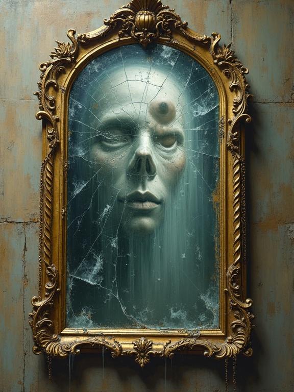 An antique painting of a shattered mirror. The mirror has fragments of glass held together by golden gilded chains. The mirror reflects distorted ghostly faces. The frame features intricate designs and vintage appeal.