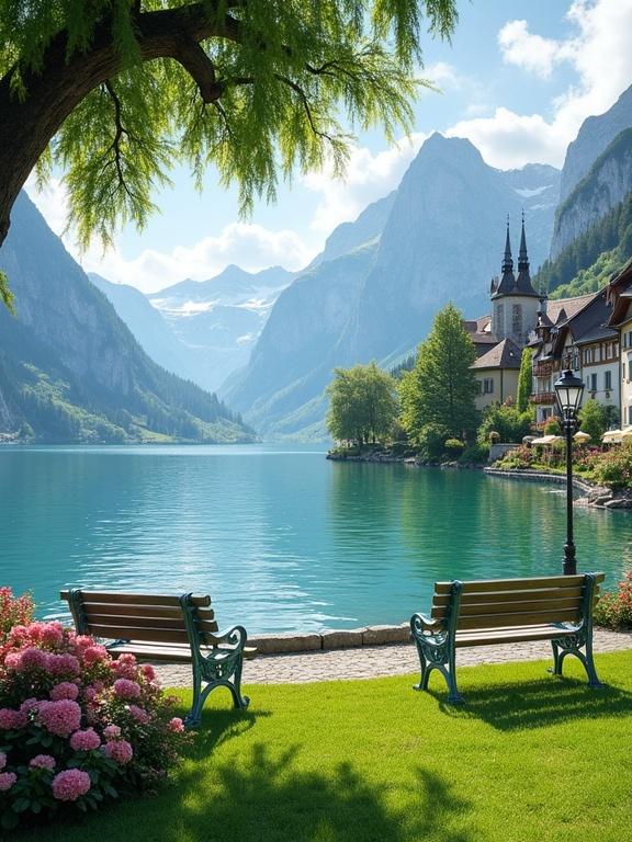 Picture a serene lakeside European village scene. Two park benches face the turquoise-blue lake surrounded by lush greenery and flowers. Vintage lantern stands by the water's edge. Picturesque buildings with sloped roofs and mountains rise in the background. Sky is partly cloudy with soft lighting. Scene radiates tranquility.