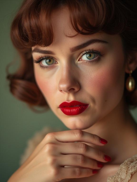 Pinup portrait of a woman. Chubby features and closeup view. She looks directly at the viewer. Vintage style with emphasis on lips and makeup.