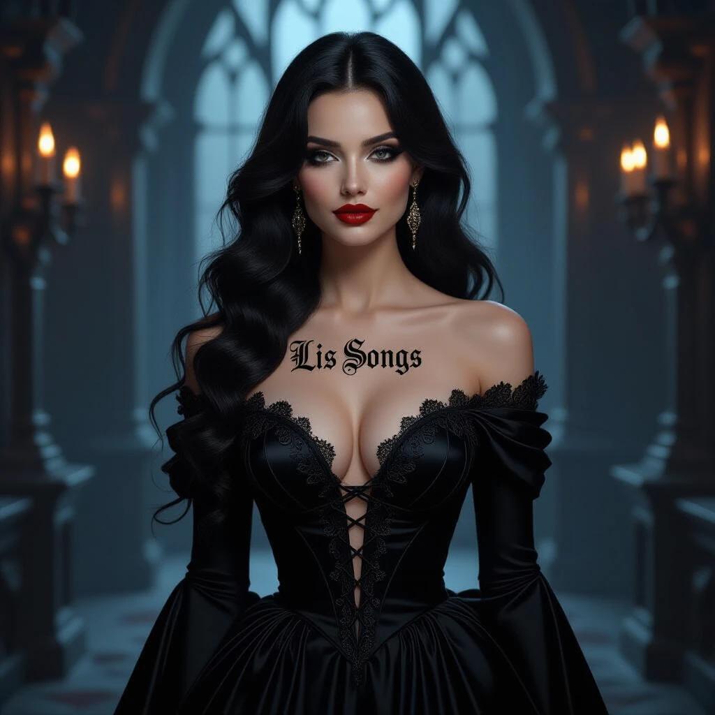 A Gothic woman in a dim room exuding elegance and mystery. Delicate features and striking eyes enhanced with dark eyeliner. Soft lips in a subtle smile. Long curly hair cascading down her back. Elegant black dress with a plunging neckline. 'Lis Songs' in intricate Gothic script on her chest. Black high heels with pointed toes complementing her posture.