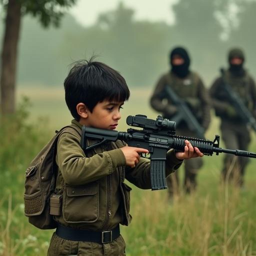 A young Israeli boy holds a machine gun in a green landscape. He appears determined and is involved in a conflict scene. Nearby, ammunition boxes are stacked. SWAT team members are visible in the background. The boy shows signs of injury but continues to fight.