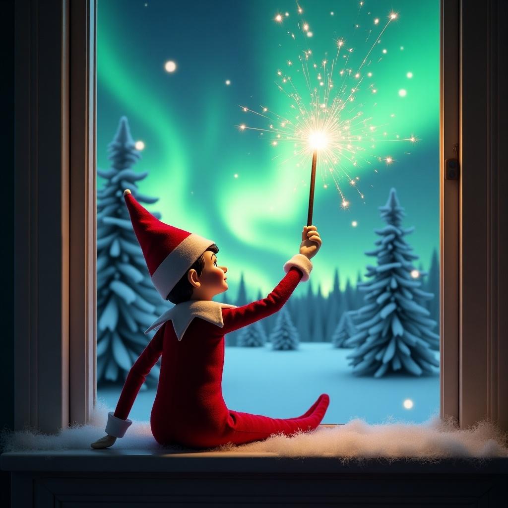 Illustration of an elf on a window ledge. Elf has his back to the viewer. He holds a wand with sparkling sparks. Outside, northern lights illuminate the winter scene. Snow-covered pine trees add to the atmosphere. A message on the window says 'Merry Christmas Azalea and Ariella, 21 days to go!'. The elf wears a red outfit with white trim.