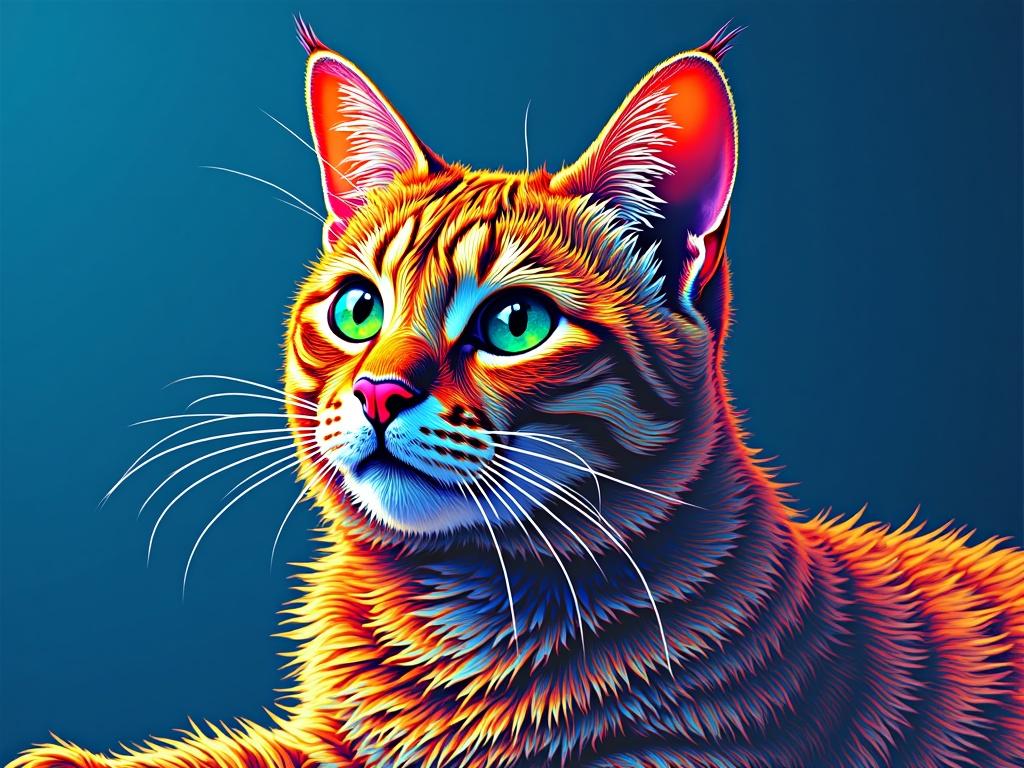 A cat depicted in the style of Victor Vasarely. Photorealistic op art illustration. Features vibrant colors of electric blue, neon green, and orange. Unique patterns on the cat's fur. Focus on cat's features and expressive eyes.