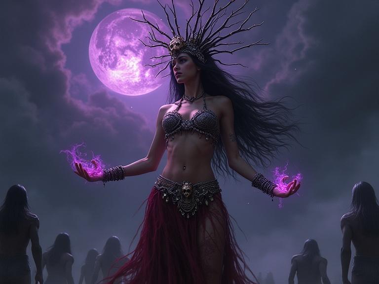 Fantasy scene featuring a powerful dark sorceress casting a spell with purple energy. She wears a jeweled bikini and intricate accessories. Dark human figures are in the misty background. A full moon is visible in the sky.