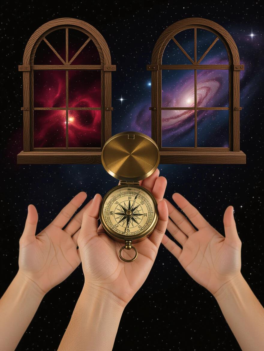 Hands hold vintage brass compass. Dark background shows two windows. One window reveals deep space with nebulae. Other window shows light orange desert scene. Image has soft lighting and surreal atmosphere. Composition is symmetrical and detailed.
