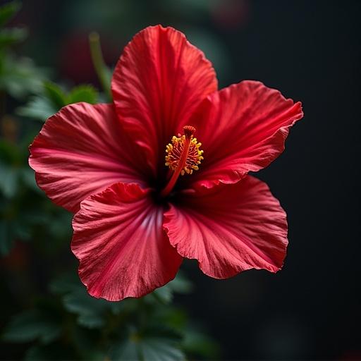 Close-up of a vibrant red hibiscus flower on a dark background with lush green leaves