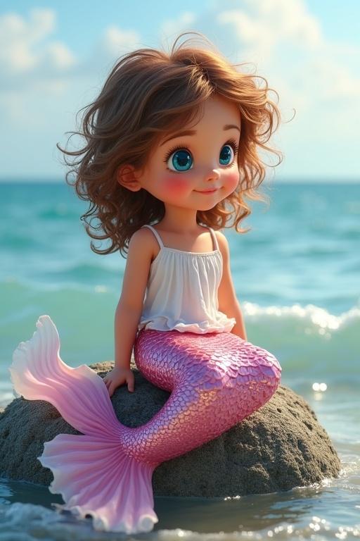 Image of a toddler mermaid with curly light brown hair sitting on a rock. She has blue eyes and a shimmering pink tail. Wears a white string vest top. Ocean background with a cloudy sky and waves.
