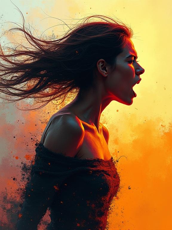 Kinetic rough digital oil painting. Fast motion blurred lines. Extreme perspective. Woman's silhouette screams as image shatters into colors. Partial illustration with rough brush strokes.