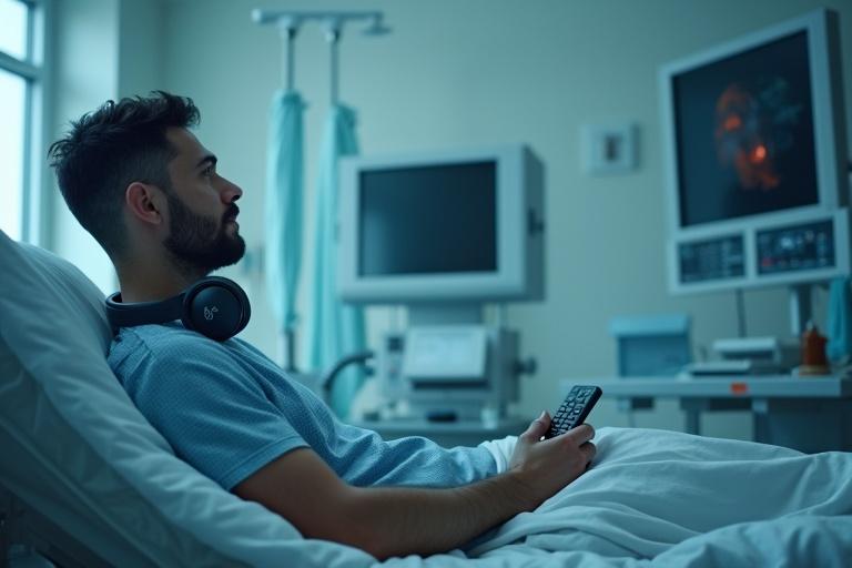 A young man in a hospital bed. He wears headphones and holds a TV remote. His thoughtful expression suggests introspection. The room is softly illuminated with a bluish tint. Medical equipment is positioned nearby. A calm atmosphere is present.