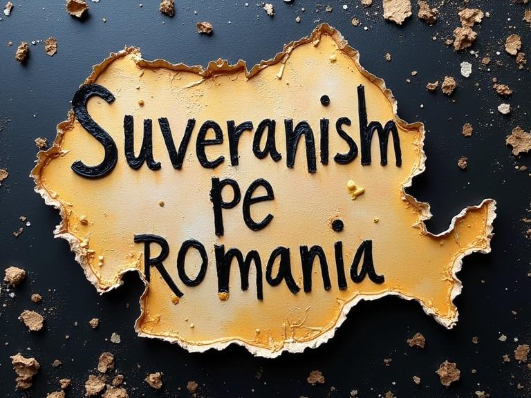Map of Romania depicted with creative textures and collage elements. The text 'Suveranism pe Romania' is prominently featured. Various materials used include newspaper fibers, jute, wood, and glitter. Dark colors dominate the artwork, creating a unique visual experience. Multi-layered and full of depth.