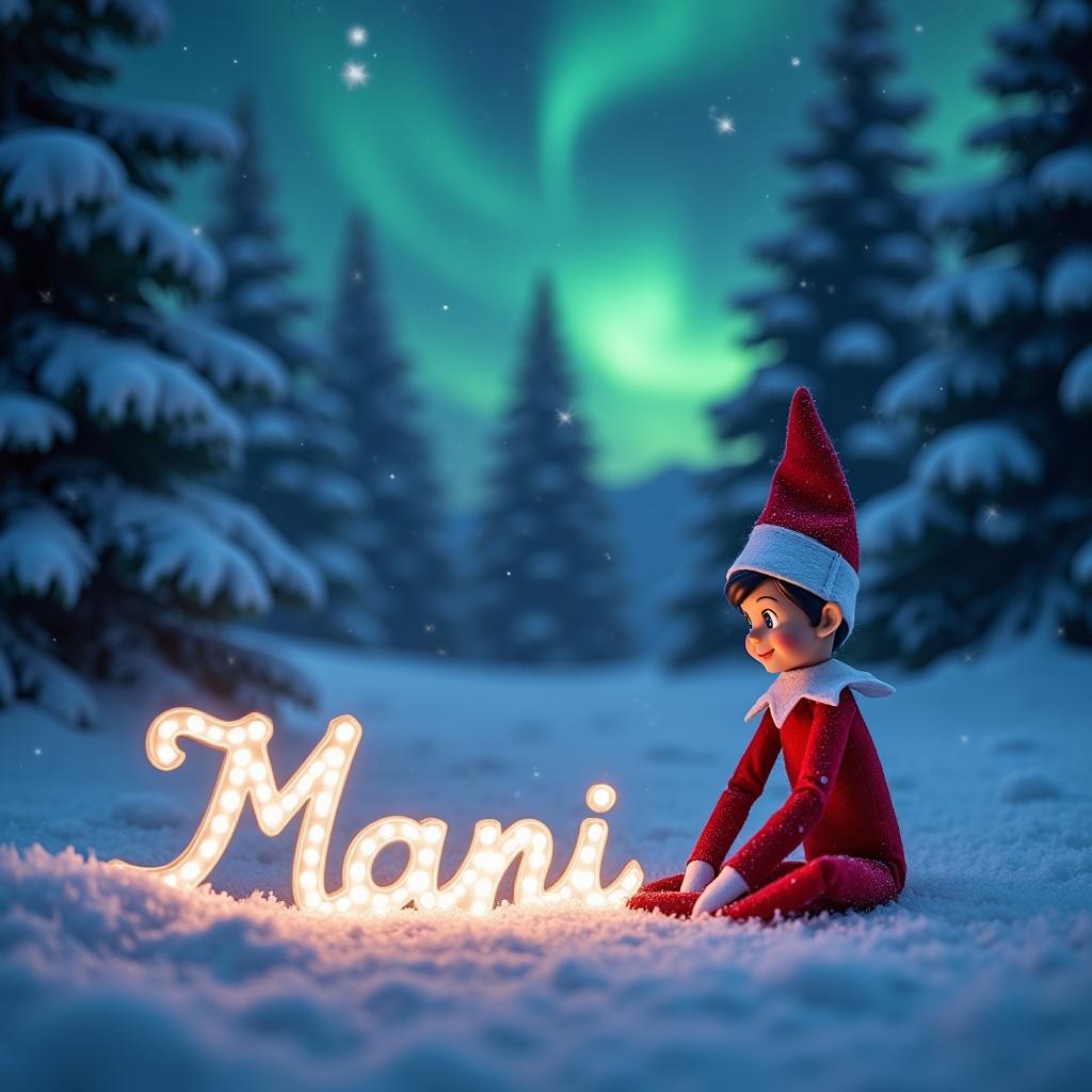 Animated elf sits in snow wearing red outfit writing the name 'Mani' in snow. The name is in cursive and illuminated. Northern lights in the night sky. Snow-covered pine trees frame the scene.