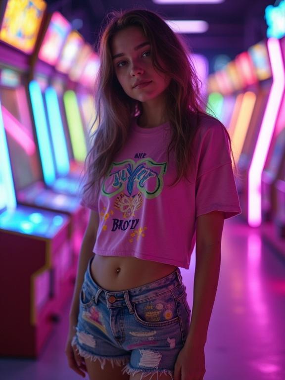 Inside a neon-lit arcade, a teen girl in colorful booty shorts and a cropped graphic tee. Colorful lights reflect off her skin, enhancing the electric and youthful vibe of the scene. Captivating expression and stylish appearance.