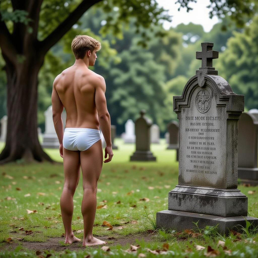 A solitary young man observes an old gravestone in a historic cemetery. He stands barefoot in white thong briefs, body seen from the back. The setting features trees and gravestones.