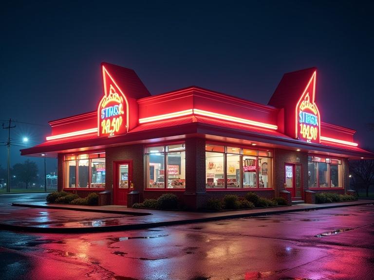 Close-up side view of a classic 1980s fast food restaurant exterior at night. Building features bold geometric shapes and a wide overhanging roof. Large glass windows and simple landscaping. Neon and fluorescent lights illuminate architectural details, casting colorful reflections on wet pavement. Facade includes ornamental columns and distinctive design elements. No text or logos.