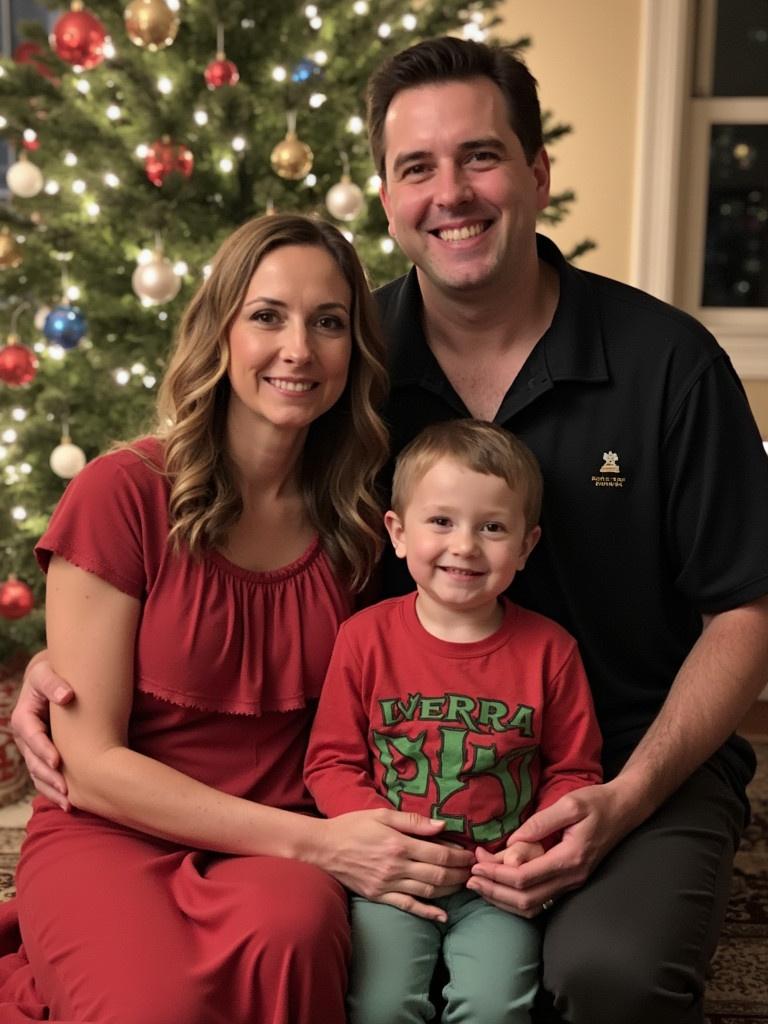 Family photo during Christmas. A woman in a red dress sits on the left. A man in a black shirt is on the right. A child in a red and green outfit is in the center. Christmas tree decorated with ornaments is in the background. The photo conveys a warm holiday atmosphere.