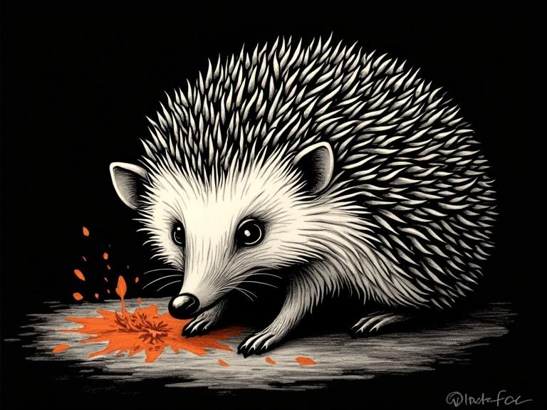 Monochrome Renaissance ink illustration features an adorable hedgehog. Hedgehog has a soft gaze and is in a quarter-turn portrait. Deep shadows emphasize contours and textures with bold hand-drawn lines. The background is black to create isolation. An orange hue highlights the scene.