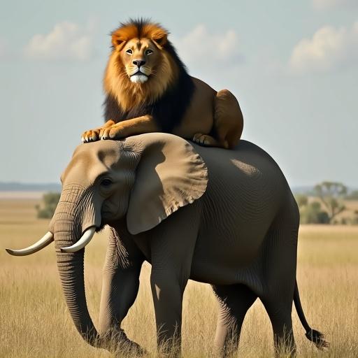 Lion rests on elephant in an African savanna. Grassland scene features both animals. Background shows soft greenery and blue sky. Natural daylight illuminates the scene.