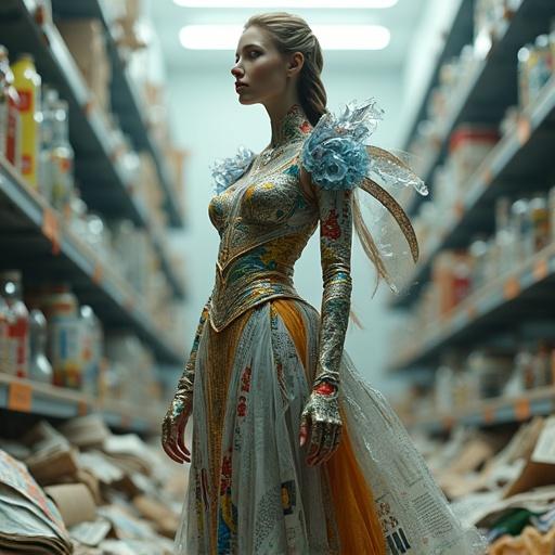 A stunning goddess formed from sorted recyclable waste. Her attire has three material types prominently displayed. Translucent panels from PET bottles show recycling logos. Colorful magazine pages and newspaper sheets create elegant drapery. Flattened cardboard adds structure. Hair made of glossy magazine strips and plastic fiber. She stands in a futuristic recycling center with sorted bins. Soft, cinematic lighting creates a serene atmosphere. Her expression conveys wisdom and care for the world.