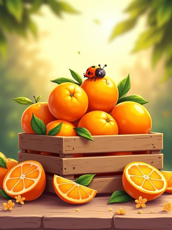 Cheerful cartoon illustration of a rustic crate full of oranges Bright sun-ripened oranges with glossy texture Sliced oranges showing juicy segments Playful splash of droplets around Surrounding orange blossoms and leaves Warm Mediterranean background with soft sunlight Tiny ladybug on one orange