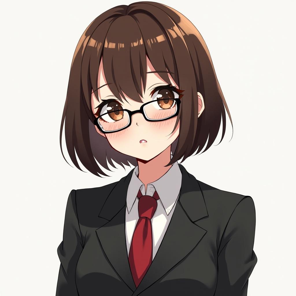 Anime character with brown bobcut hair, brown eyes, wearing glasses and a suit.