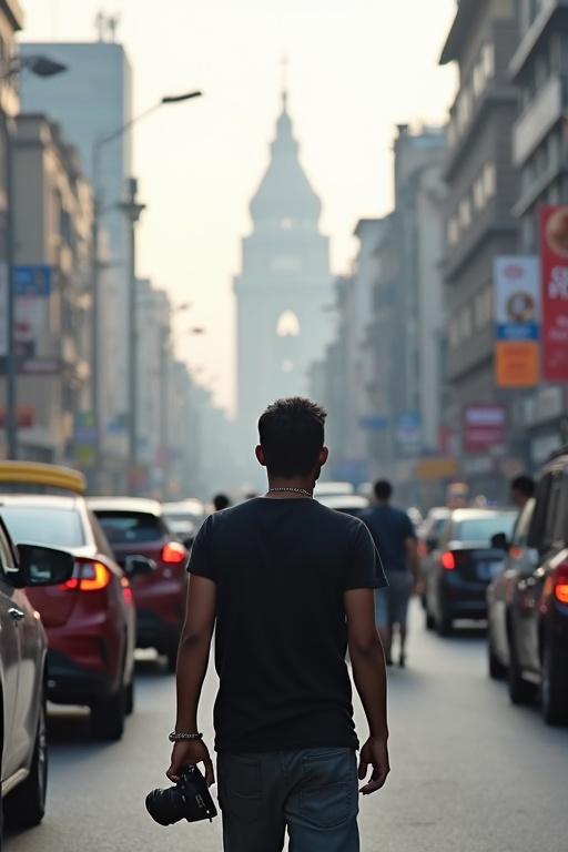 Photograph showcasing vibrant city life in Mumbai. A person in focus with a camera walks towards a distinct landmark. The street is filled with traffic and pedestrians. Captures the essence of Mumbai with advertisements and atmospheric haze.