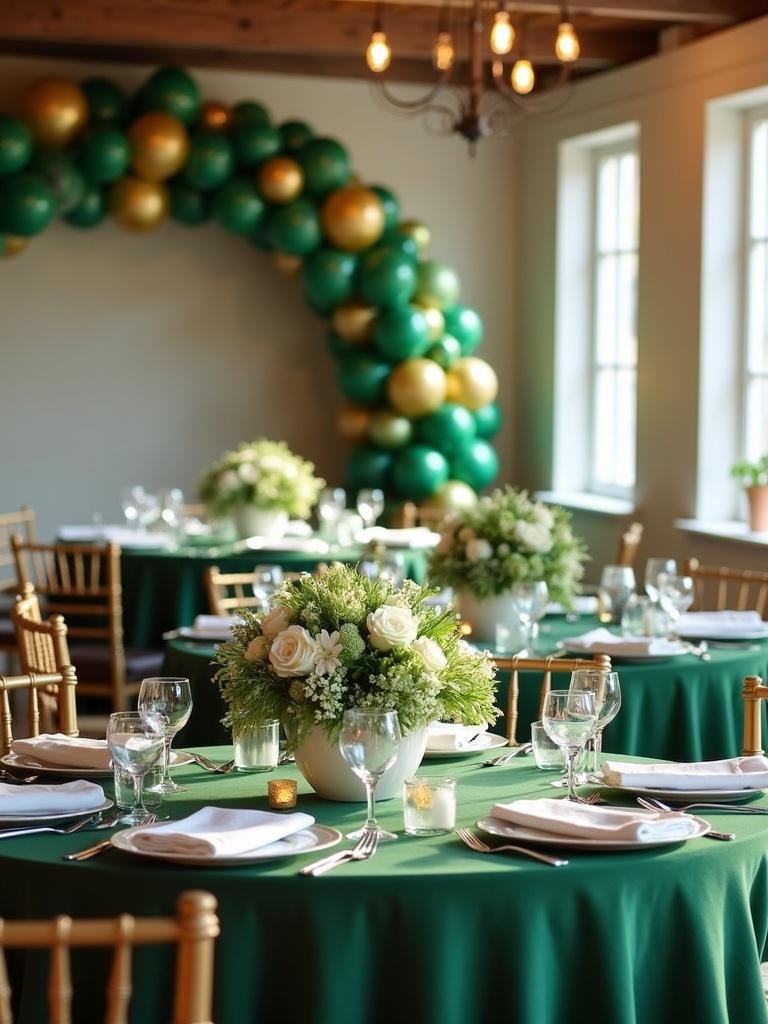 Banquet room featuring round tables draped in green table linens. Centerpieces consist of white and green flowers arranged in white vases. A decorative arch made of green and gold balloons is present. Soft lighting enhances the ambiance.