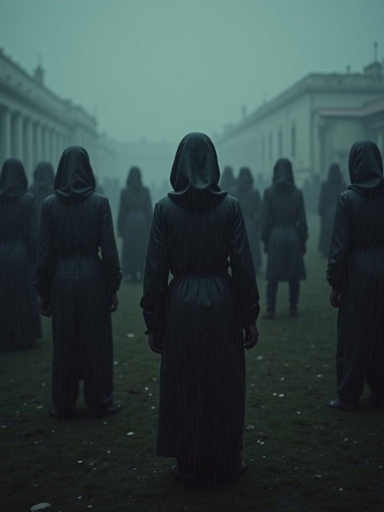 Group of hooded women standing in roll call square in a camp. Dark colors with rain creating a somber atmosphere. All figures appear skinny and sad.