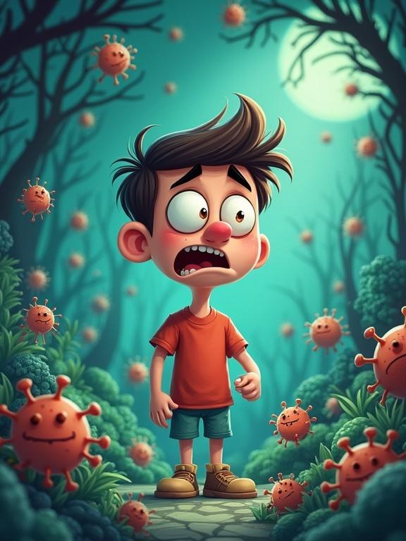 Animated scene featuring a cartoon boy surrounded by germs. Boy shows anxiety. Style is fun and colorful. Environment is a whimsical setting with vegetation.
